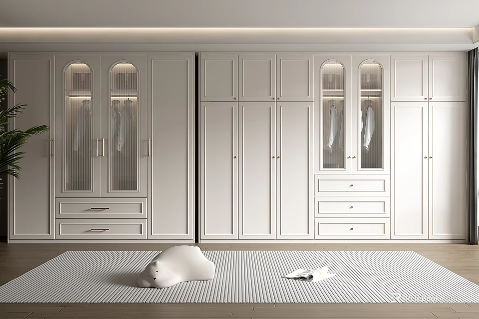 Modern White Wardrobe with Glass Doors and Drawers in Stylish Interior Design 3d model 