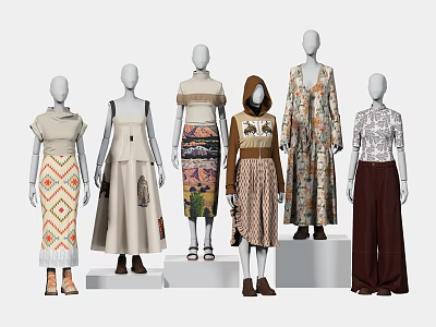 Multiple Fashion Models Showcasing Various Stylish Outfits On Display Stands 3d model
