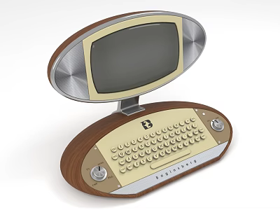 Vintage Retro Computer With Wooden Case Oval Screen And Keyboard 3d model