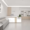 Modern Beauty Salon Interior Reception Area with White Marble Counter Wooden Cabinets and Green Plants