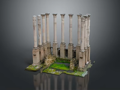 Ancient Ruins Scenery With Tall Stone Columns And Green Mossy Ground 3d model