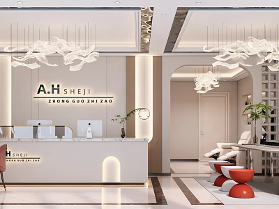 Modern Beauty Salon Interior With Reception Desk Elegant Chandeliers And Comfortable Seating 3d model