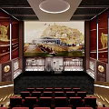 Cinema Interior With Red Seats Staircase Decorated Walls Lighting And Screen