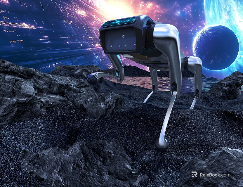 Intelligent Quadruped Robot Exploring Rocky Terrain In Alien Space Scene 3d model 