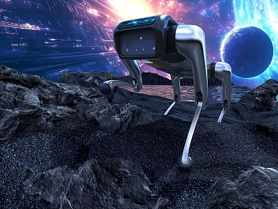 Intelligent Quadruped Robot Exploring Rocky Terrain In Alien Space Scene 3d model