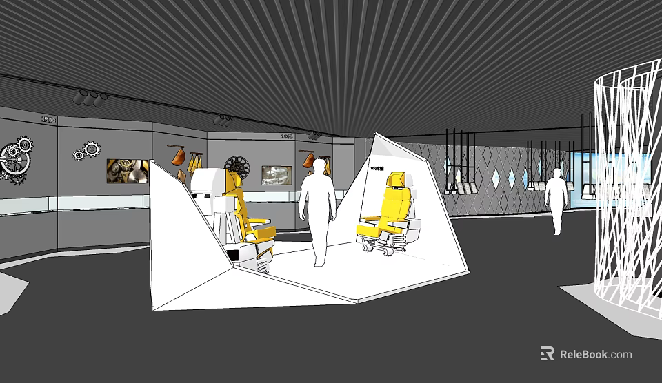 Modern Exhibition Hall Interior With Yellow Chairs And White Display Structures 3d model 