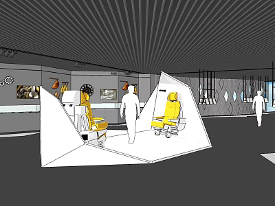 Modern Exhibition Hall Interior With Yellow Chairs And White Display Structures 3d model
