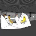 Modern Exhibition Hall Interior With Yellow Chairs And White Display Structures 3d model