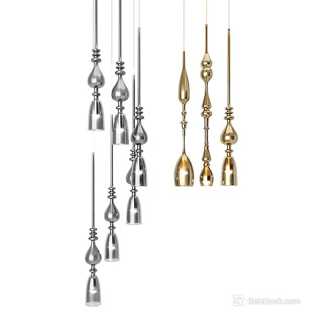 Modern Silver And Gold Metal Chandeliers With Multiple Pendant Designs For Interior 3d model 