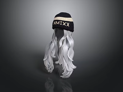 Fashionable Black Beanie With NMIXX Lettering And Long Silver White Curly Hair 3d model