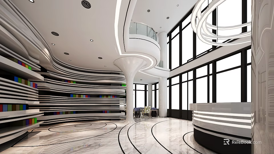Modern Hotel Lobby Interior With Large Windows Marble Floor Curved Staircase And Front Desk 3d model 