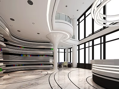 Modern Hotel Lobby Interior With Large Windows Marble Floor Curved Staircase And Front Desk 3d model