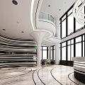 Modern Hotel Lobby Interior With Large Windows Marble Floor Curved Staircase And Front Desk