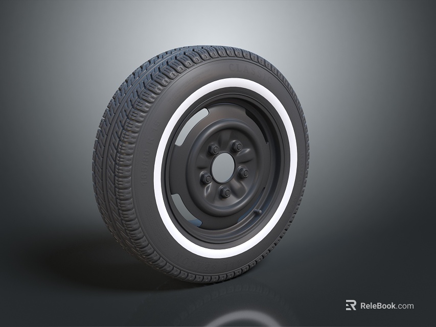 Car Tire with Tread Pattern and White Accent Rim Black Hub Design 3d model 