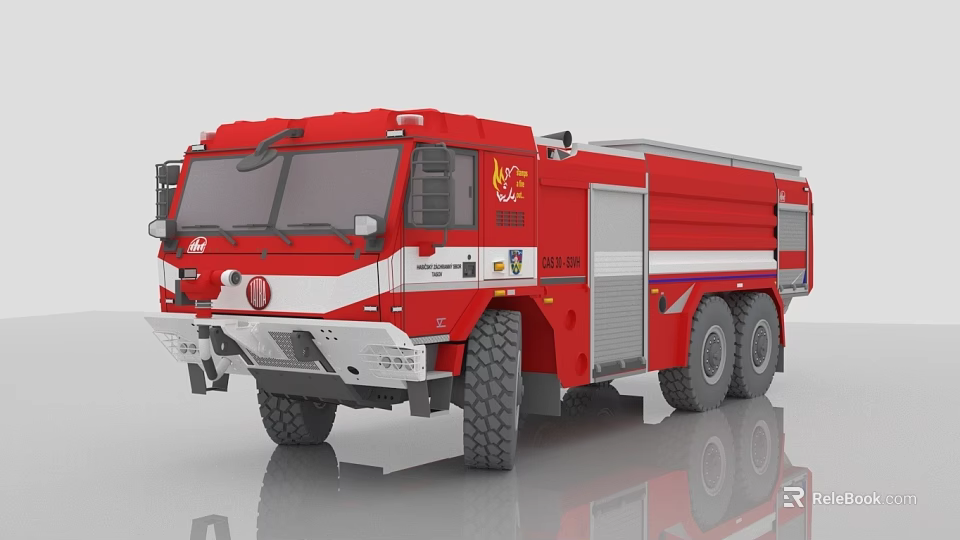 Red Heavy Duty Fire Truck With Multiple Wheels And Firefighting Equipment Features 3d model 