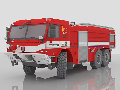 Red Heavy Duty Fire Truck With Multiple Wheels And Firefighting Equipment Features 3d model