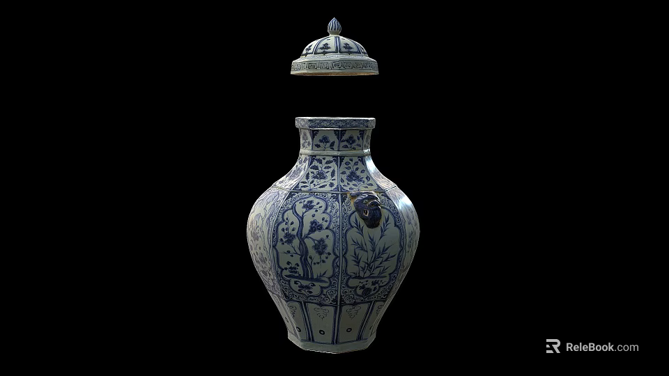 Botanical Patterns On Blue And White Porcelain Vase With Decorative Lid 3d model 