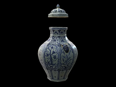Botanical Patterns On Blue And White Porcelain Vase With Decorative Lid 3d model