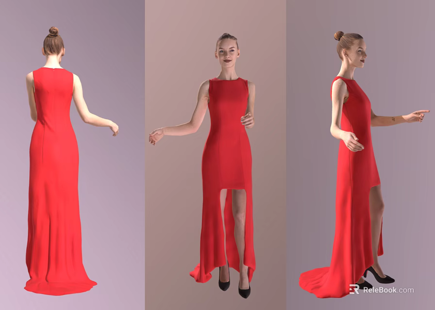 Elegant Woman In Red Long Dress With High Split And High Heels 3d model 