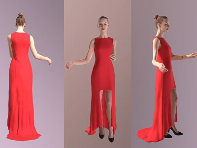 Elegant Woman In Red Long Dress With High Split And High Heels 3d model