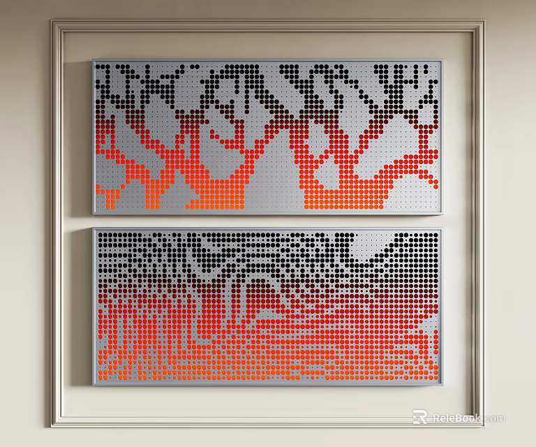 Modern Two Panel Abstract Wall Art With Dot Matrix Pattern Gray And Orange Design 3d model