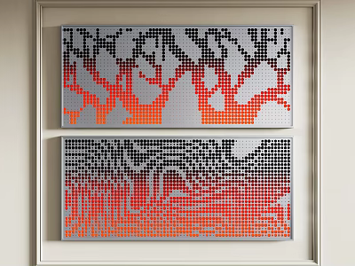 Modern Two Panel Abstract Wall Art With Dot Matrix Pattern Gray And Orange Design 3d model