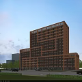 Modern Urban Office Building With Orange Brown Exterior Multiple Windows Trees And Roads
