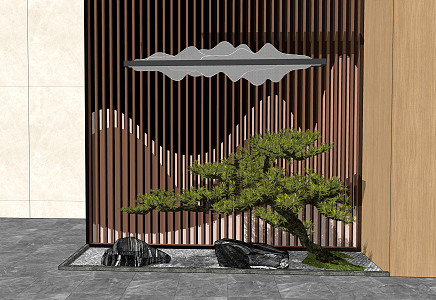 New Chinese style landscape sketch indoor entrance grille landscape wall shape Luo Han pine tree landscape stone 3d model