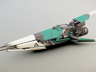 Green and White Futuristic Fighter Jet with Aerodynamic Design and Engine Details 3d model