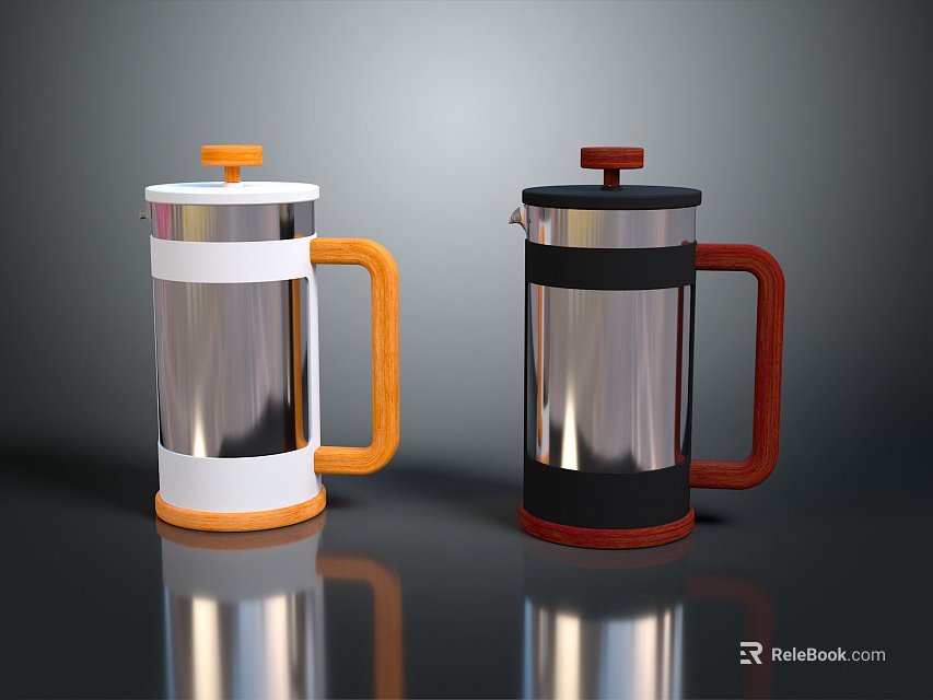 Two Modern Stainless Steel French Presses With Orange And Red Handles And Shiny Surface 3d model 