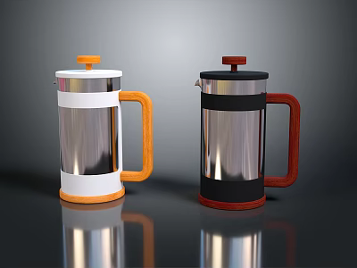 Two Modern Stainless Steel French Presses With Orange And Red Handles And Shiny Surface 3d model