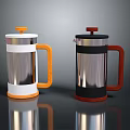 Two Modern Stainless Steel French Presses With Orange And Red Handles And Shiny Surface