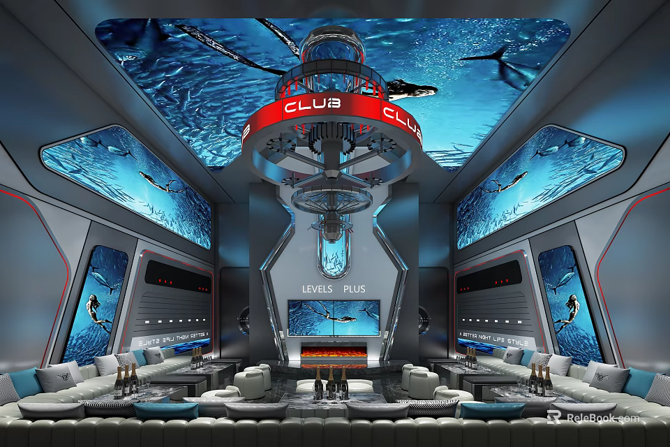 Luxurious Ocean Theme KTV Interior With Blue Tone Dolphin Decorations Sofas And Bar Counter 3d model 