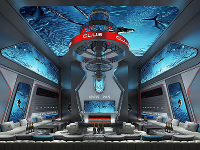Luxurious Ocean Theme KTV Interior With Blue Tone Dolphin Decorations Sofas And Bar Counter 3d model