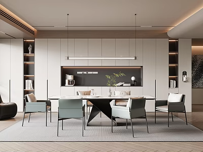 Modern Restaurant Interior With Dining Table Chairs Pendant Lights Cabinets And Green Plant 3d model