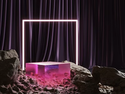 Stylish Purple Curtains With Neon Light Frame Display Pink Cube Among Stones 3d model