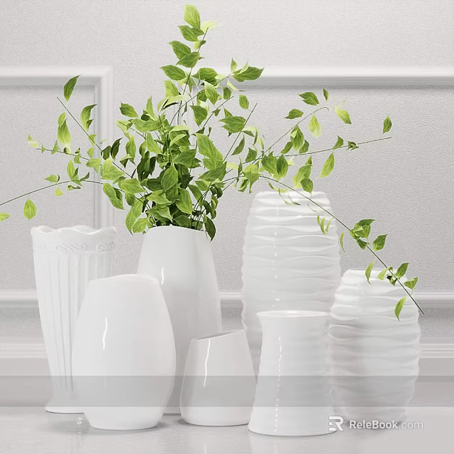 Various White Vases With Green Foliage For Home Interior Decor 3d model