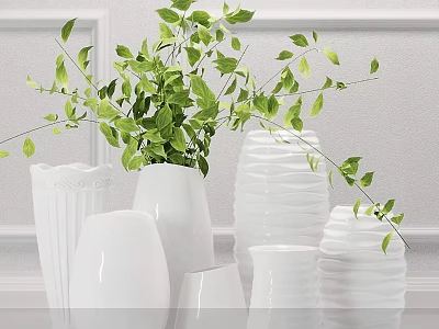 Various White Vases With Green Foliage For Home Interior Decor 3d model