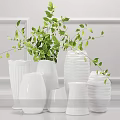 Various White Vases With Green Foliage For Home Interior Decor 3d model