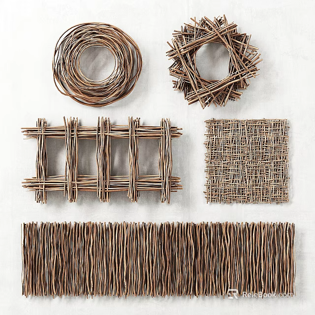 Natural Rattan Handwoven Wall Decor With Circular Grid Square And Striped Design Elements 3d model 