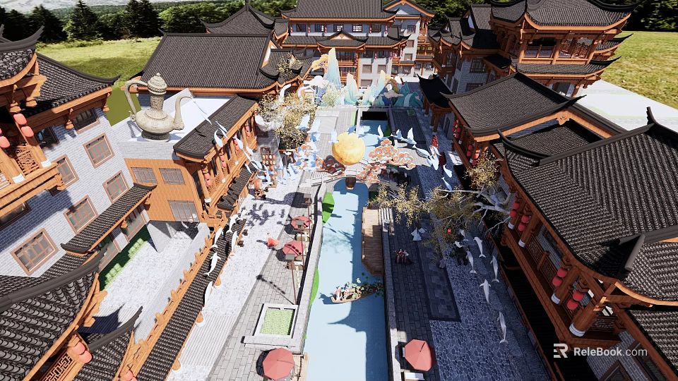 Traditional Chinese Garden Landscape With Water Pathways Decorative Lanterns And Courtyard Greenery 3d model 