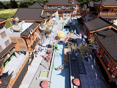 Traditional Chinese Garden Landscape With Water Pathways Decorative Lanterns And Courtyard Greenery 3d model
