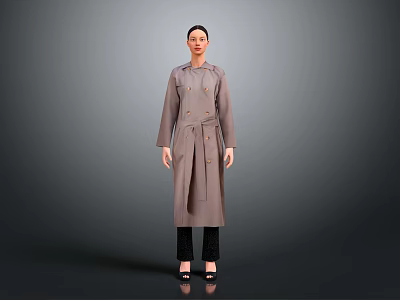Long Brown Double Breasted Belted Trench Coat Worn By Model In Studio 3d model