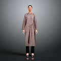 Long Brown Double Breasted Belted Trench Coat Worn By Model In Studio