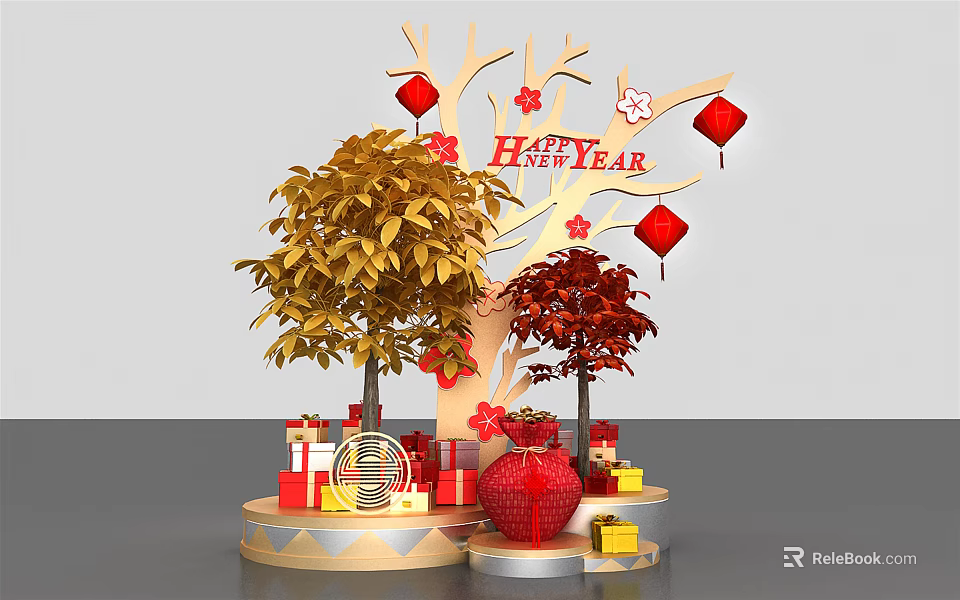 Chinese New Year Decorative Display With Red Lanterns Golden Red Trees And Gift Boxes 3d model 