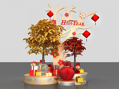 Chinese New Year Decorative Display With Red Lanterns Golden Red Trees And Gift Boxes 3d model