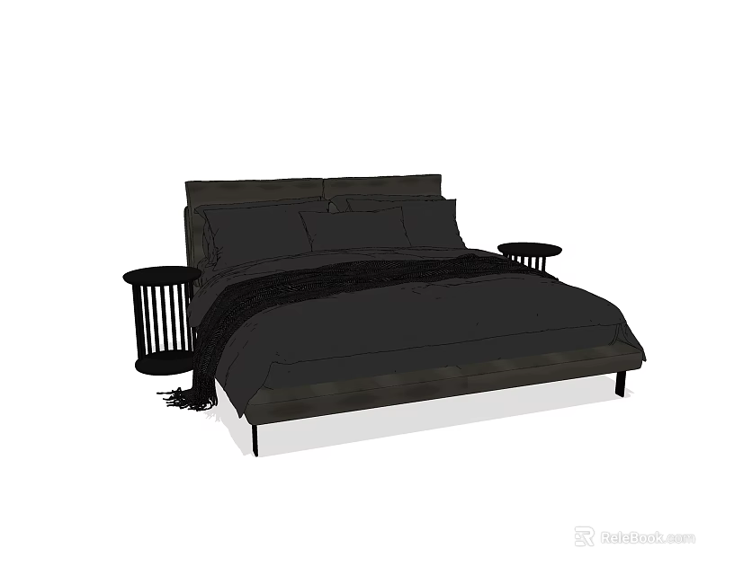 Modern Black Double Bed with Headboard and Round Nightstands and Bedding 3d model