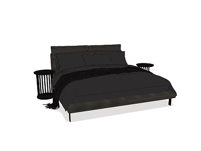 Modern Black Double Bed with Headboard and Round Nightstands and Bedding 3d model