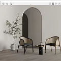 Two Modern Chairs And Small Round Table With White Wall Arched Doorway Olive Tree 3d model