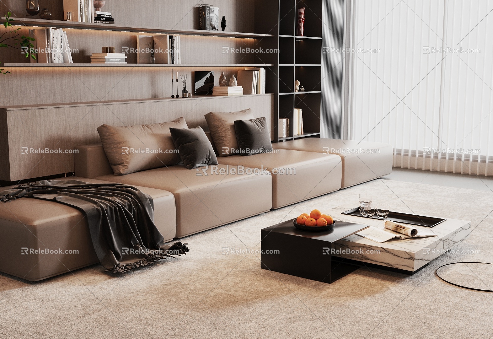 Italian-style multi-person sofa, coffee table, background wall 3d model